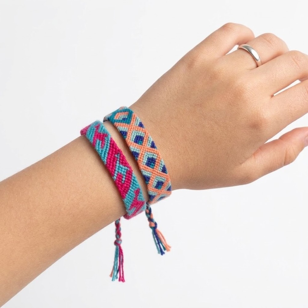 Handmade Wool Peru Woven Friendship Bracelet Set Geometric Pattern Alpaca Hippie